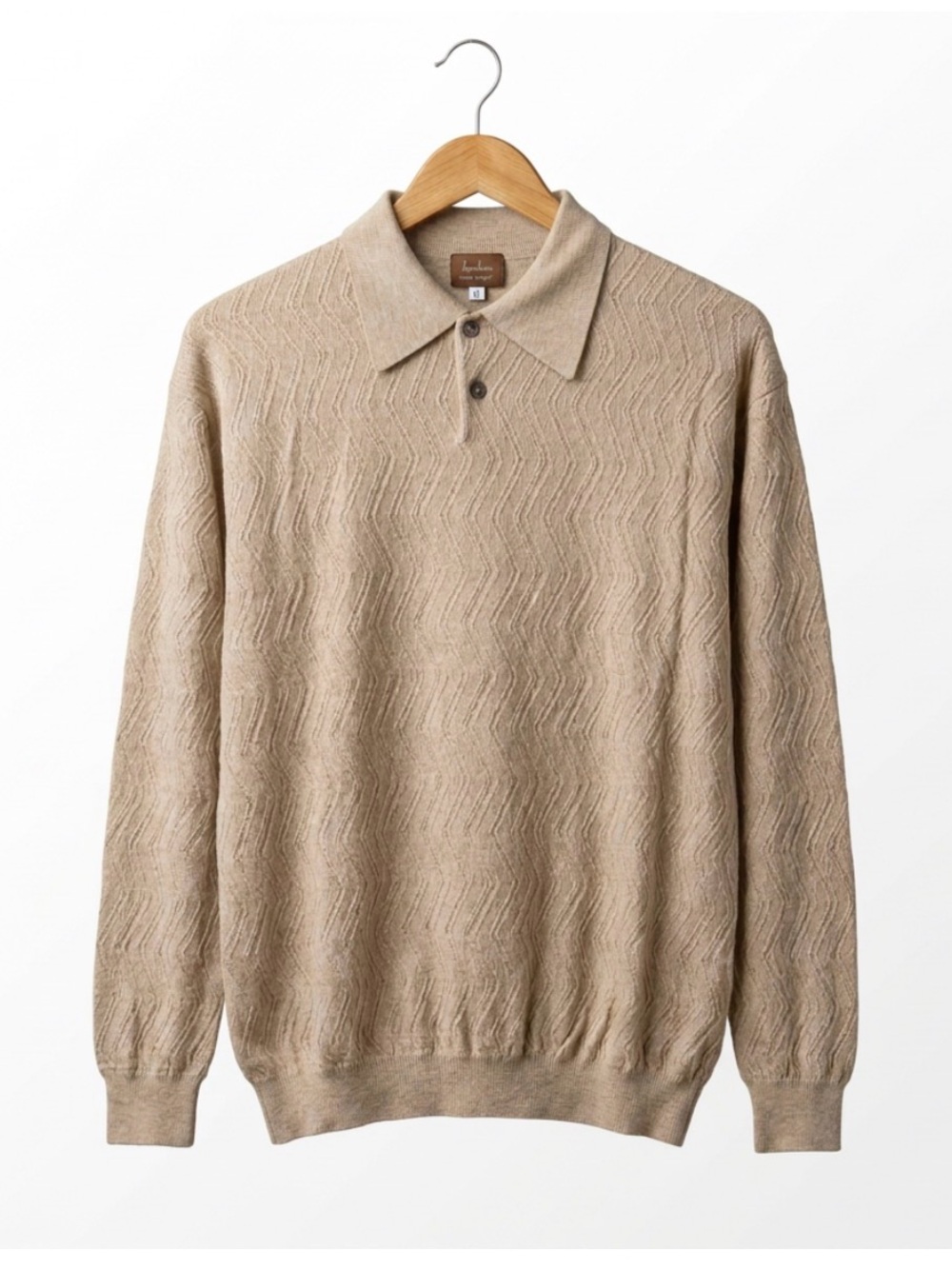 NEIMAN MARCUS MENS SWEATER COLLARED TAN CHEVRON KNIT PULLOVER XL SOFT CLASSIC